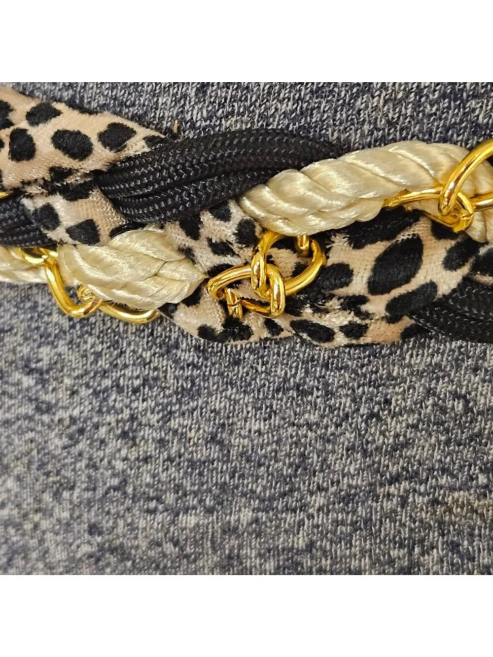 Cinch Belt Womens S/M Black Cord Animal Print Gold Metal Chain Detail 1980s - Picture 2 of 9